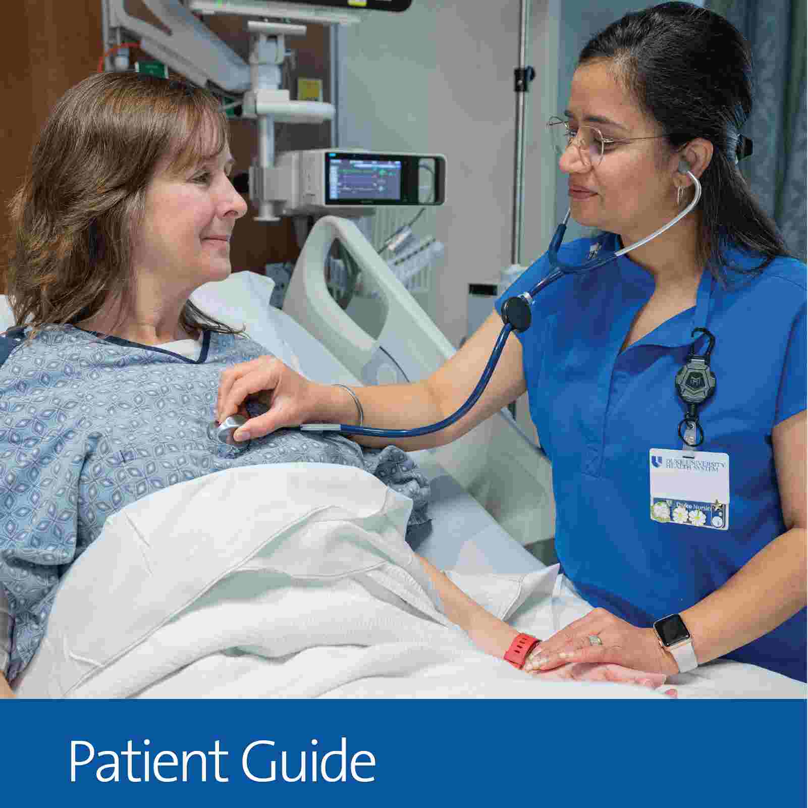 Duke Raleigh Hospital patient guide cover shows provider and patient in hospital room