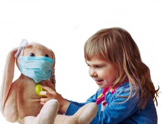 A child checks a stuffed animal's heart with a stethoscope. 