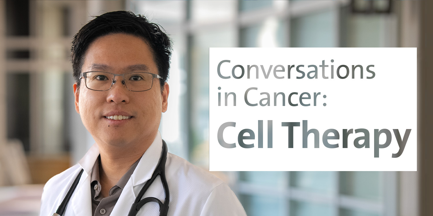 Chenyu Lin sonríe afuera. El texto a su lado dice "Conversaciones en Cáncer: Terapia Celular"