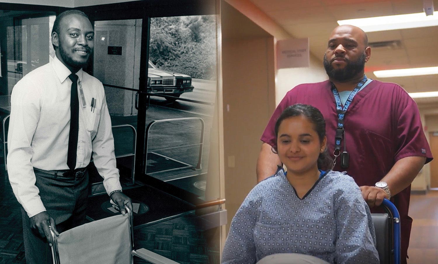 A black and white photo of a man pushing a wheelchair next to a modern photo of a man pushing a patient in a wheelchair