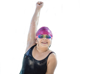 A girl cheers as she pops out of a pool