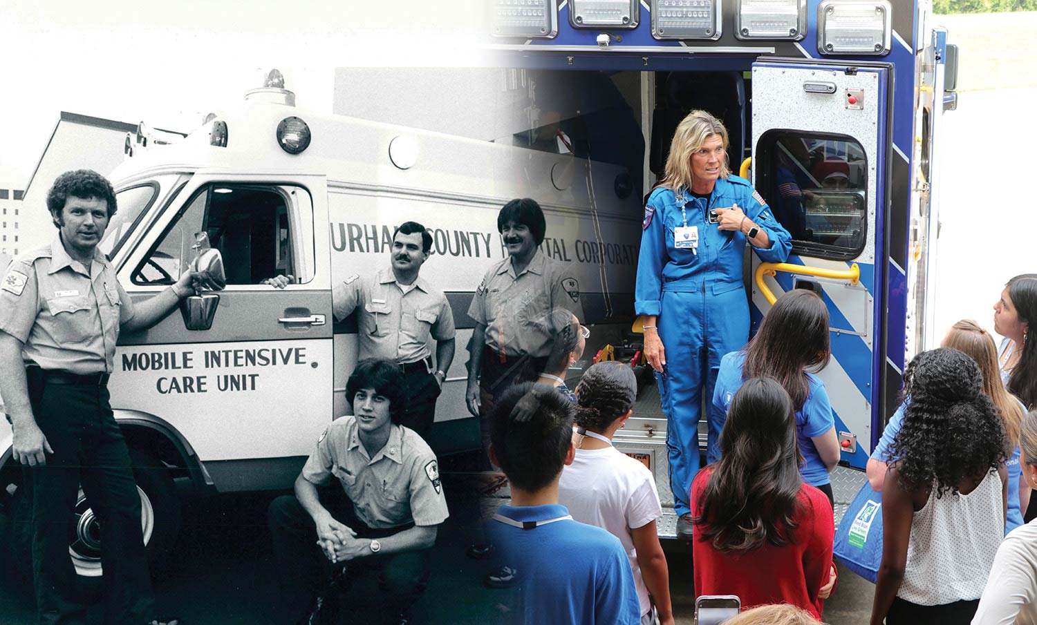 A black and white photo of men in front of a mobile care unit next to a modern image of a female physician in front of an ambulance.