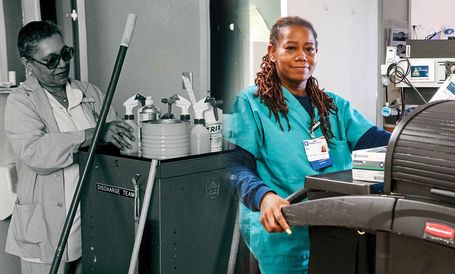 A black and white photo of a cleaner next to a modern photo of a cleaner