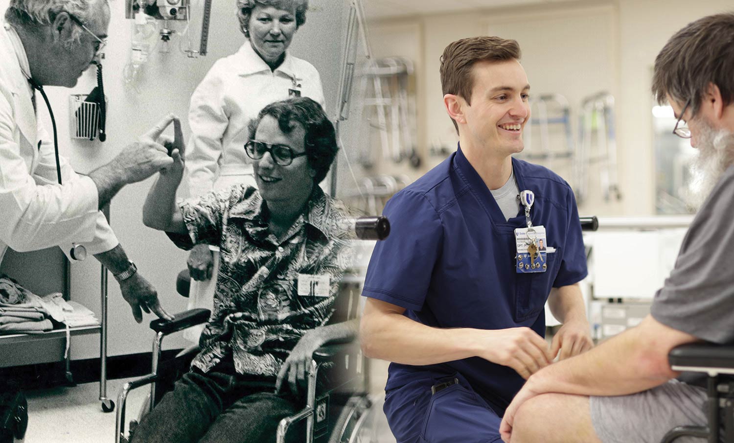 A black and white photo of a doctor testing a patient in a wheelchair's neurological functions next to a modern image of a physician working with a patient in a wheelchair.