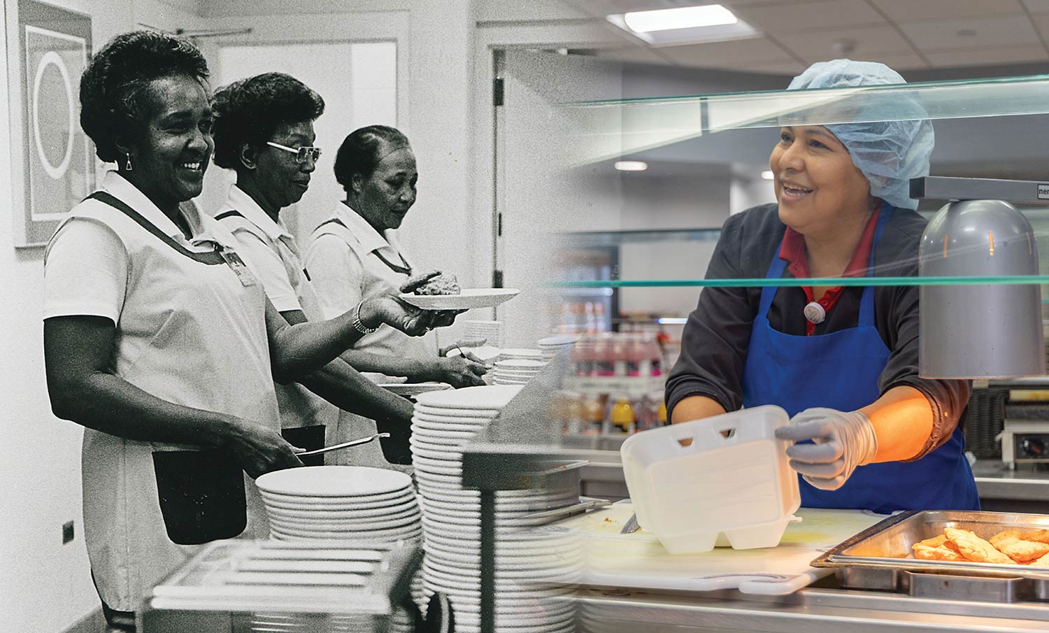 A black and white photo of women working in a cafeteria next to a modern image of a woman serving food in a cafeteria
