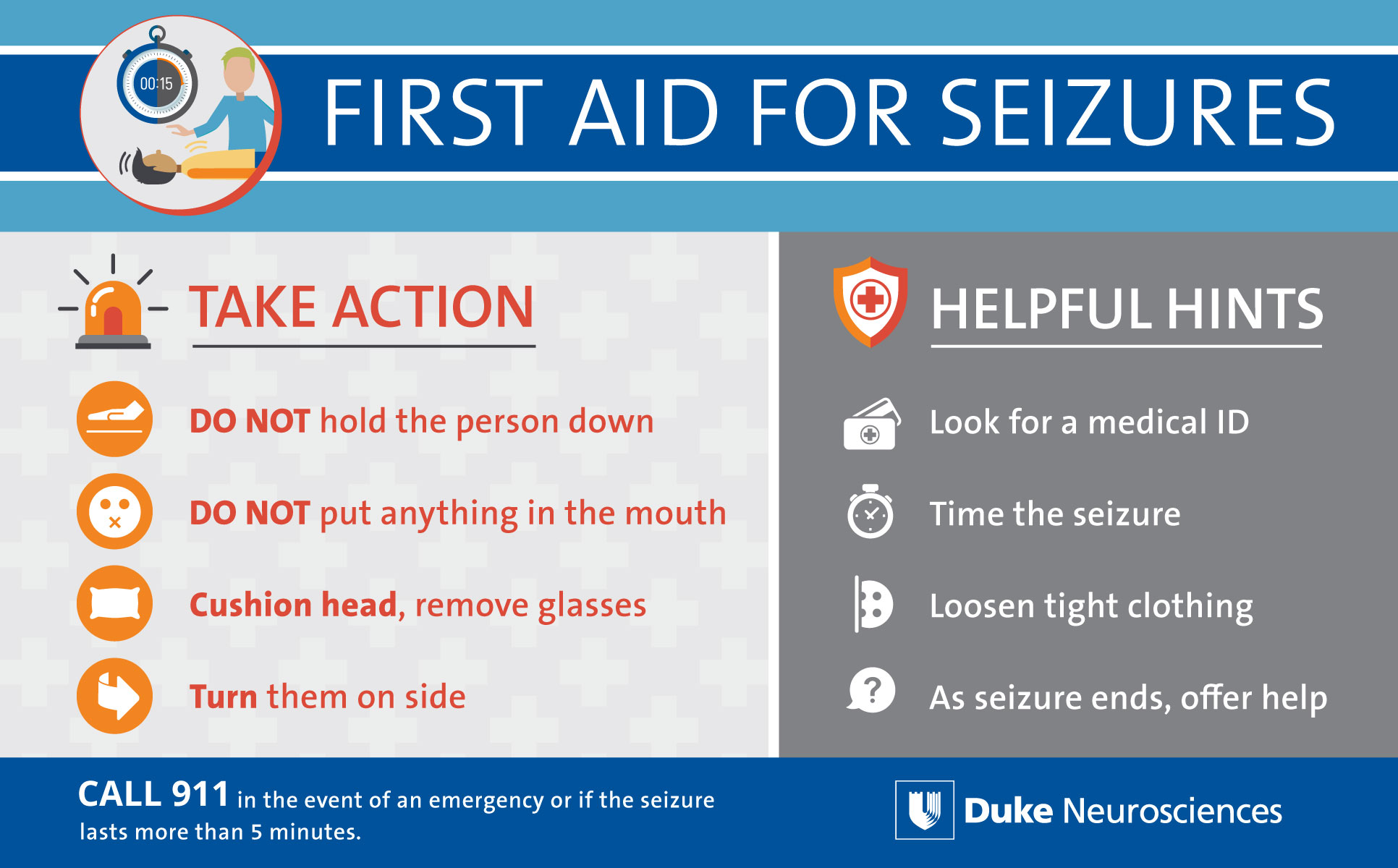 First Aid for Seizures. Take action: DO NOT hold the person down. DO NOT put anything in the mouth. Cushion head, remove glasses. Turn them on side. Helpful hints include: Look for a medical ID. Time the seizure. Loosen tight clothing. As seizure ends, offer help. Call 911 in the eent of an emergency or if the seizure lasts more than 5 minutes.