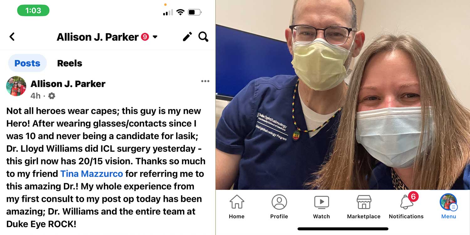 Allison Parker's social media post celebrating her vision with a photo of her and Dr. Williams