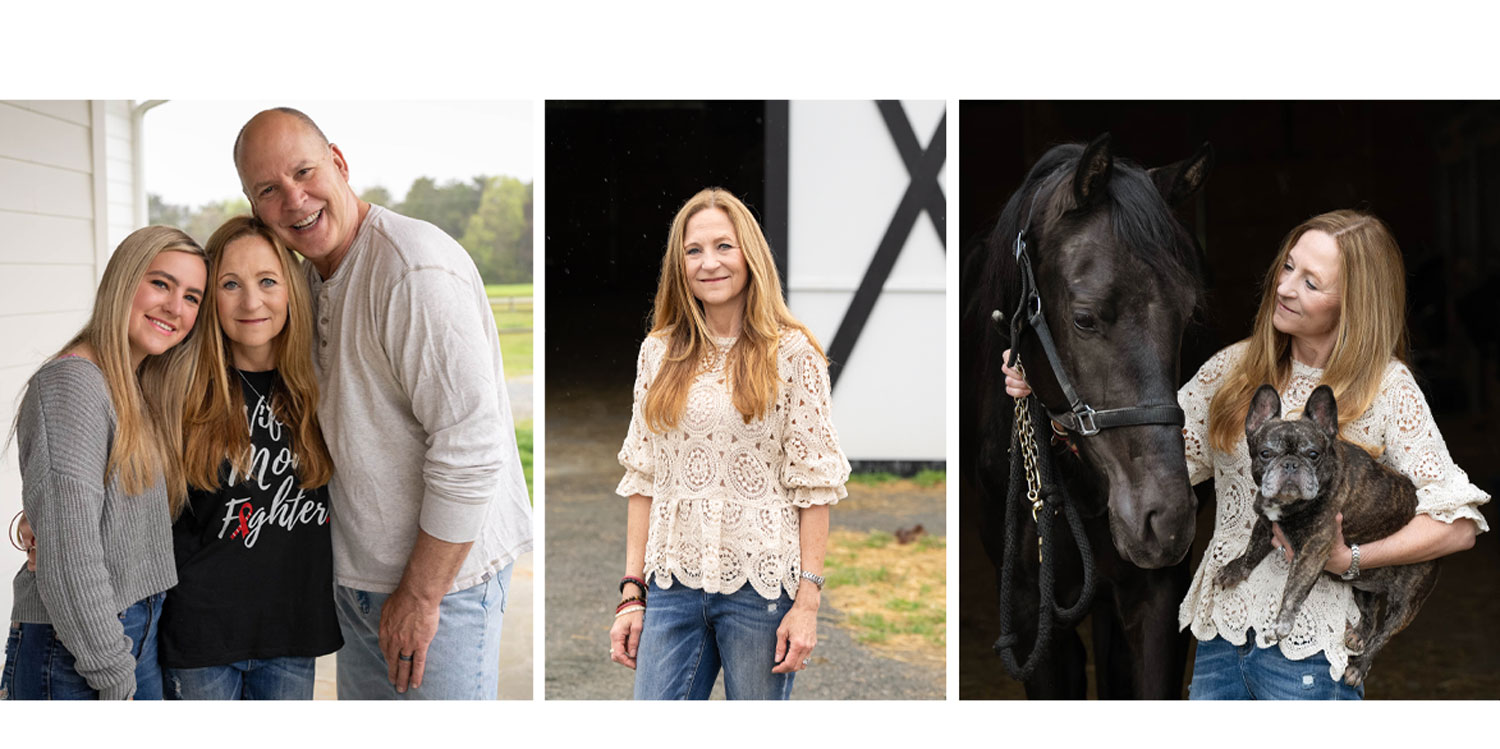 First photo, Kim, center, stands with her daughter Emma Wood and husband Kam Barnard. Second photo, Kim stands in front of her barn. Third photo, Kim poses with her horse and her dog.