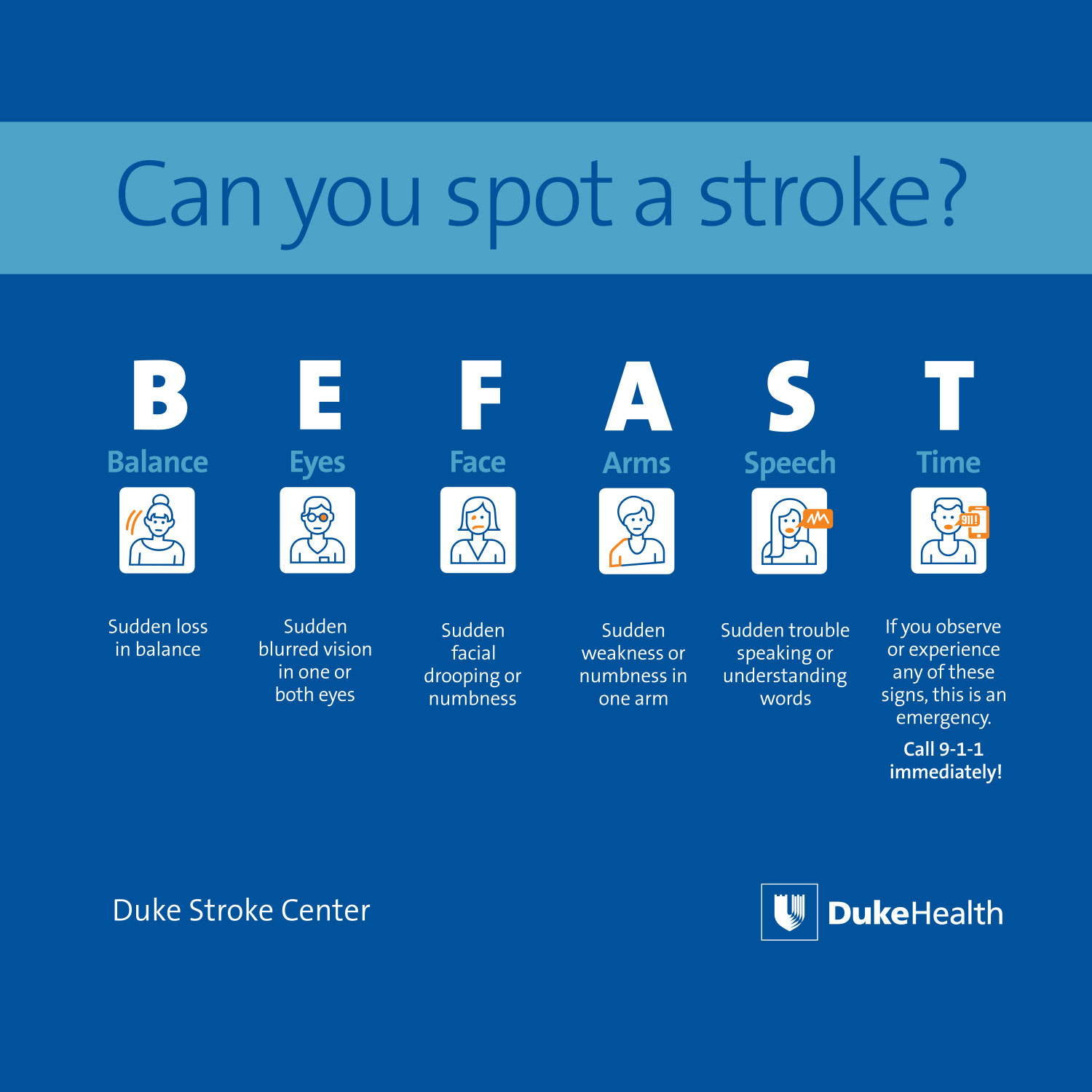 A chart explaining the signs of a stroke. Balance, Eyes, Face, Arms, Speech, Time