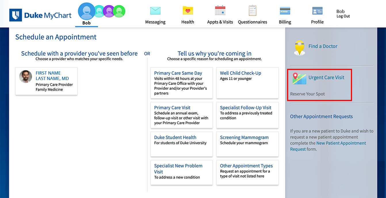 MyChart appointment screen showing link for urgent care