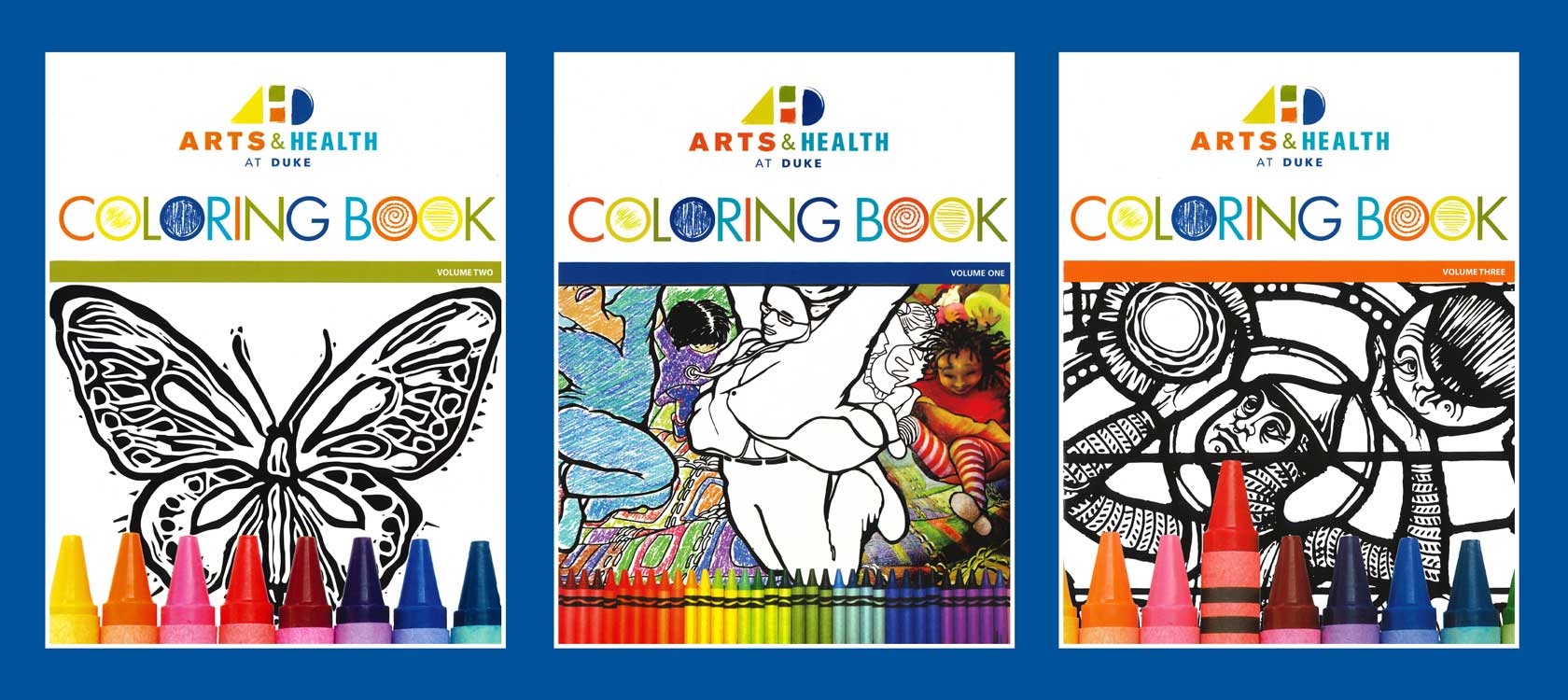 Photos of Arts & Health coloring book covers