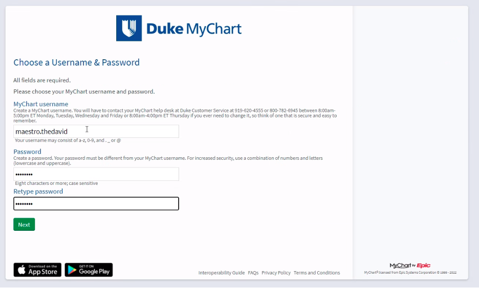 MyChart username and password