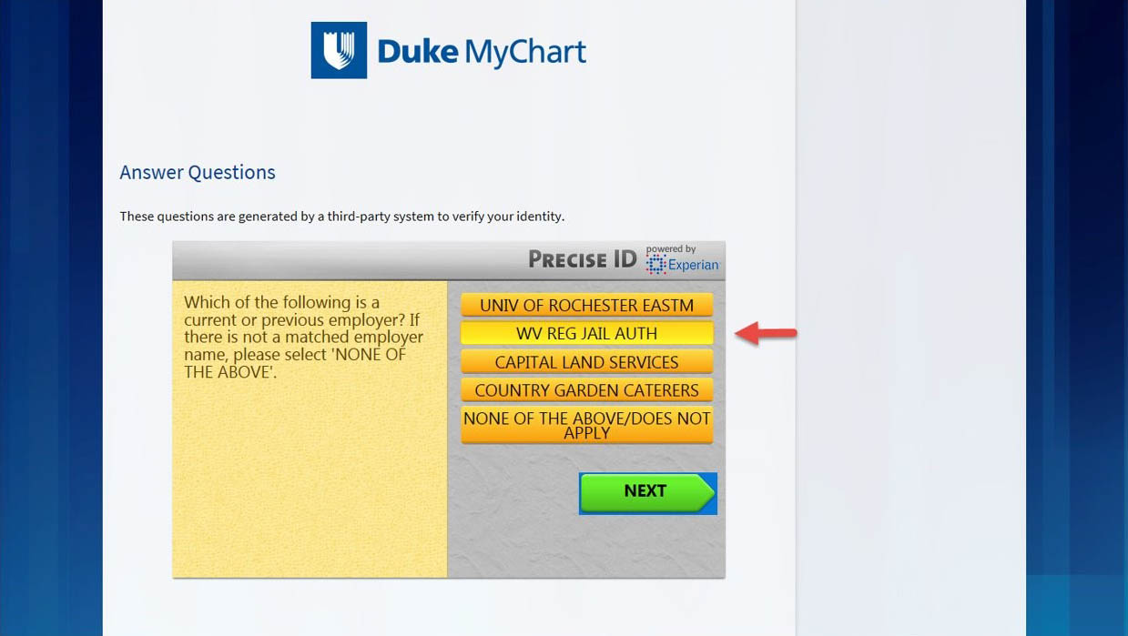 Screen shot of verifying your identity as part of signing up for Duke MyChart.