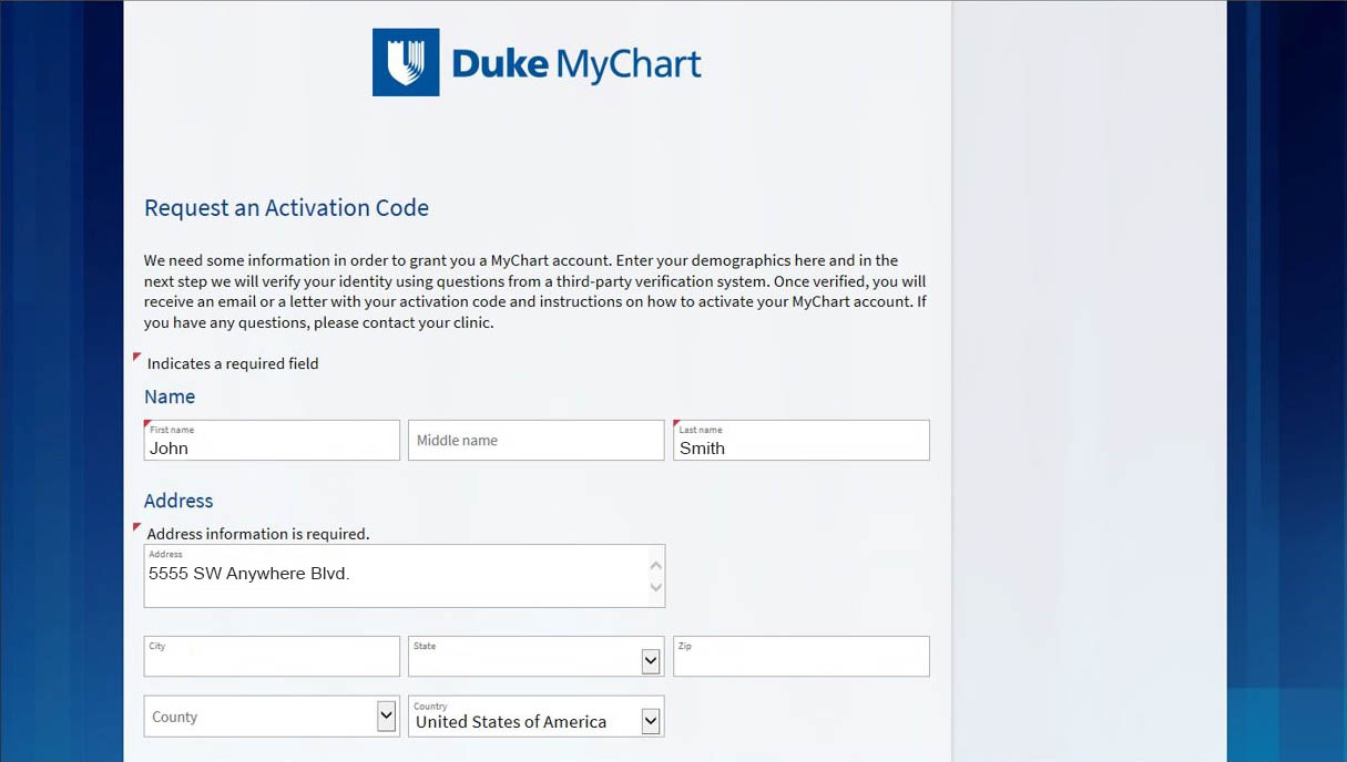 MyChart entry of personal information