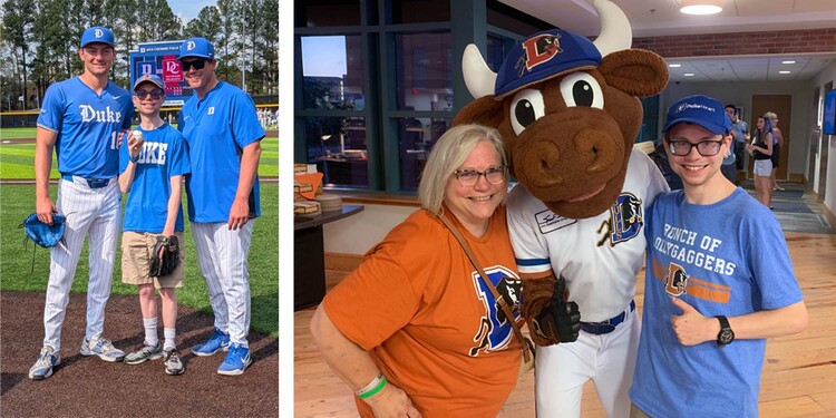 Left: Alex Lucas (middle) with Duke Baseball’s Aidan Weaver (left) and Head Coach Corey Muscara (right) at Duke Jack Coombs Field in March 2026. Right: Alex Lucas (right) and his mom Vicki Lucas (left) flank the mascot of Durham, NC’s minor league baseball team, the Durham Bulls, in August 2023.