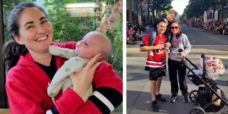 Left: Jessica Clarke holds her newborn. Right: Clarke and her family celebrate attend a parade to celebrate the Carolina Hurricanes Stanley Cup win.