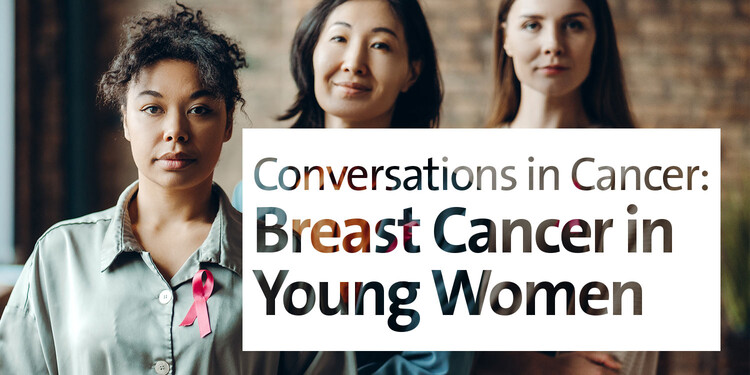 Three women with breast cancer ribbons look at the camera