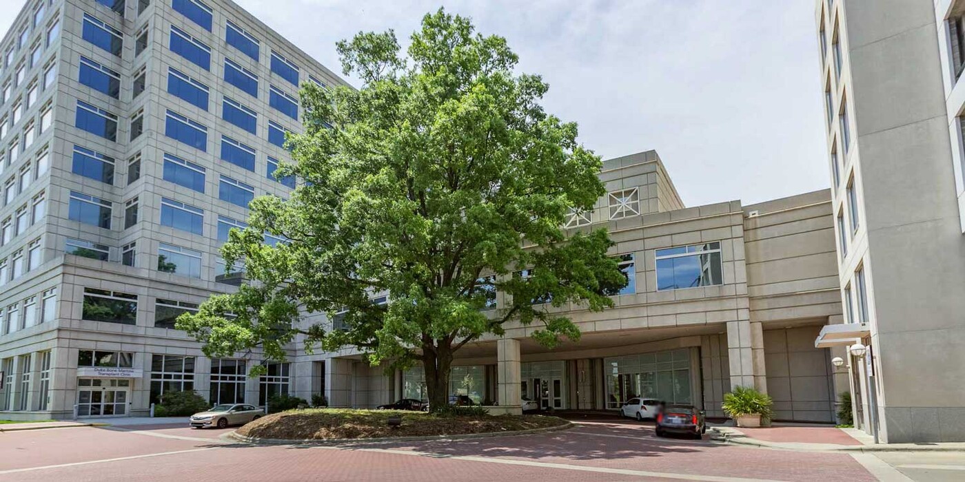 The Duke Blood Cancer Center entrance is seen on the left side of a building