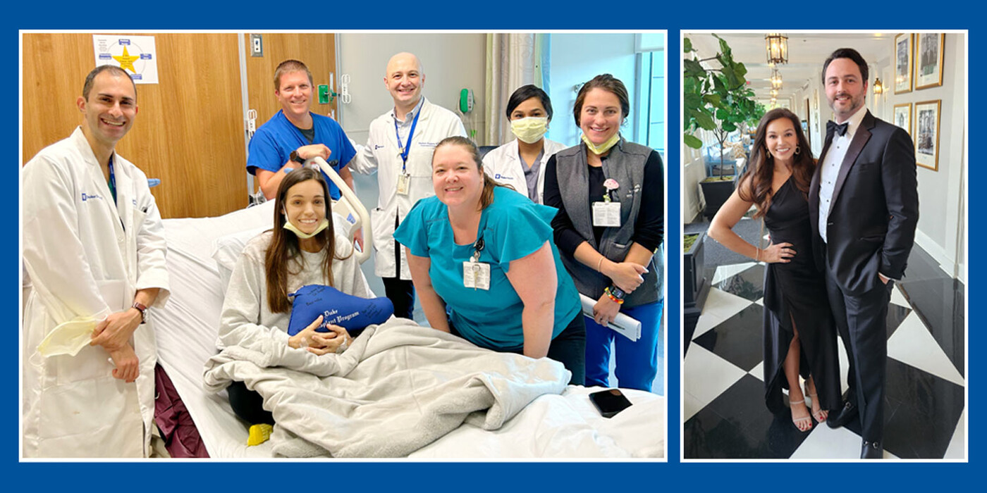Emily sits in a hospital bed surrounded by her care team, another photo shows Emily with her husband dressed up for a formal event