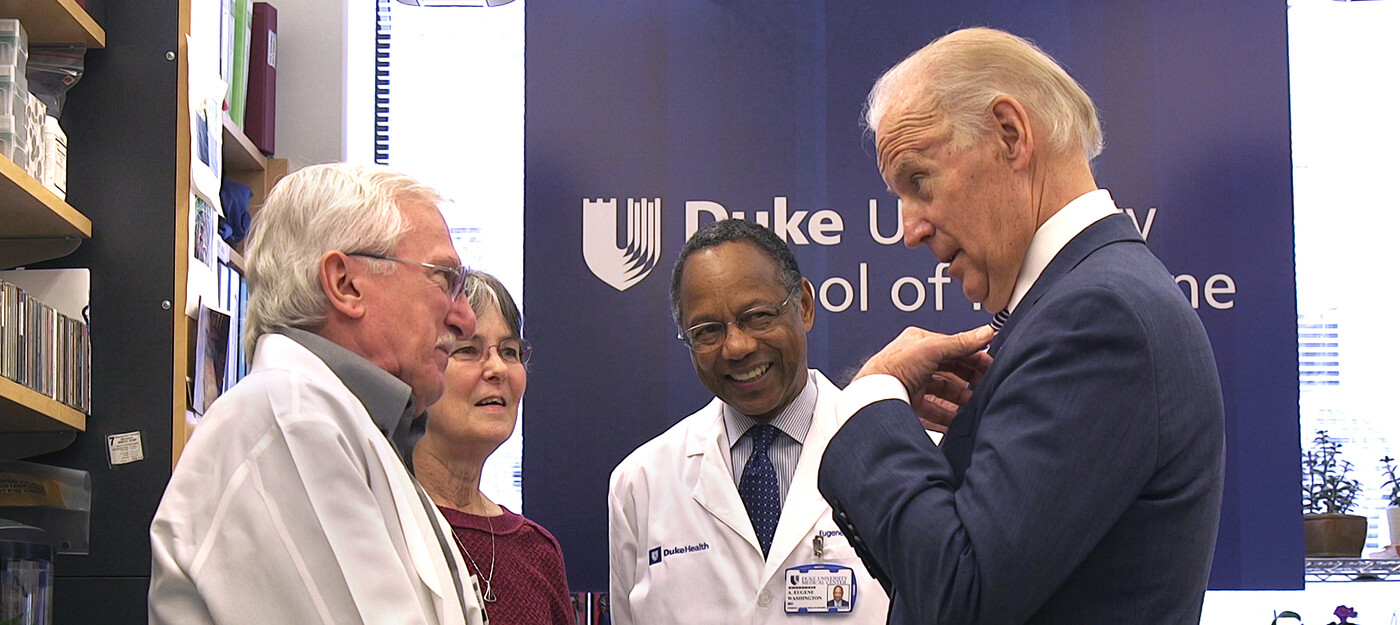 Nobel prize winner Paul Modrich, PhD, Vickers Burdett, and Duke Health Chancellor Eugene Washington, MD, meet with VP Joe Biden