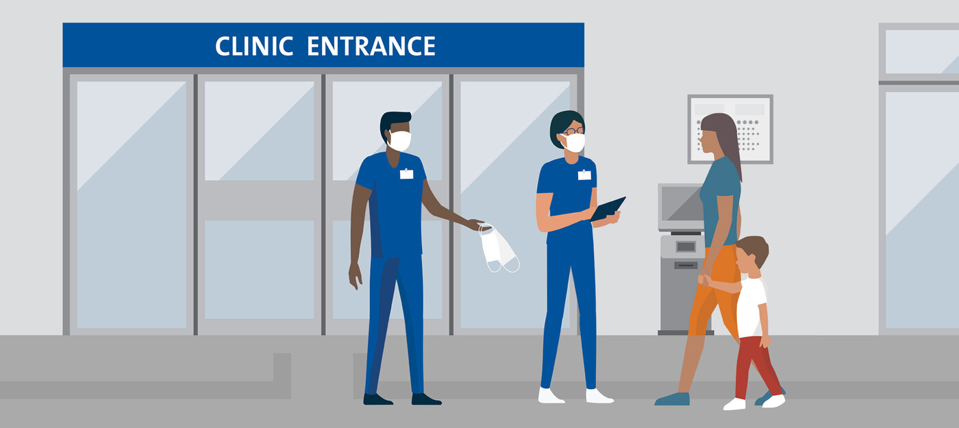 A graphic of a woman and child getting masks at a clinic entrance