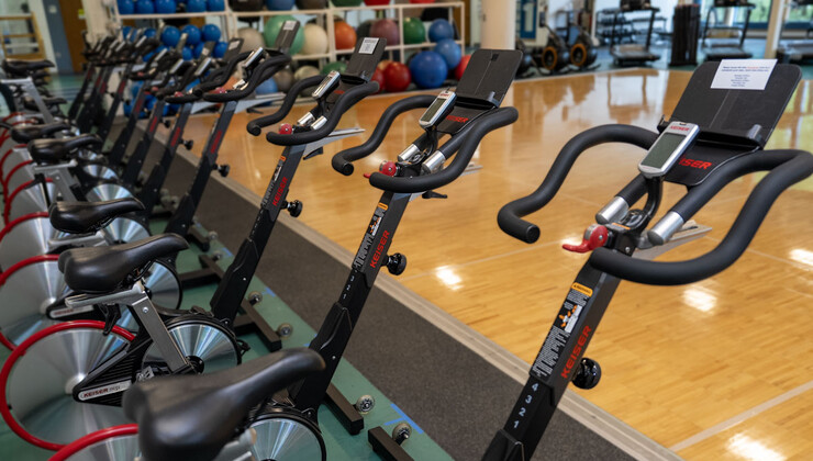 A line of exercise bikes