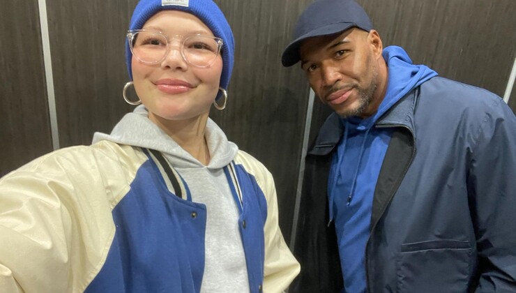 Isabella smiles for a selfie beside her father, New York Giants football star and Good Morning America host Michael Strahan. 